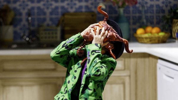 A young boy wearing a green tie with a toy octopus on his face...